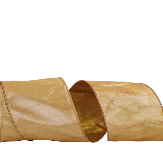 Reliant 4" x 10yd. Old Gold Dupioni Lamé Wired Metallic Ribbon